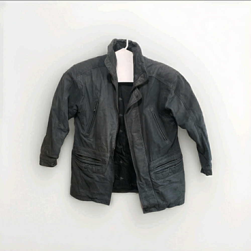 Vernon Leather Jacket Mens Medium Grey Full Zip 6 Pockets Heavyweight  90s